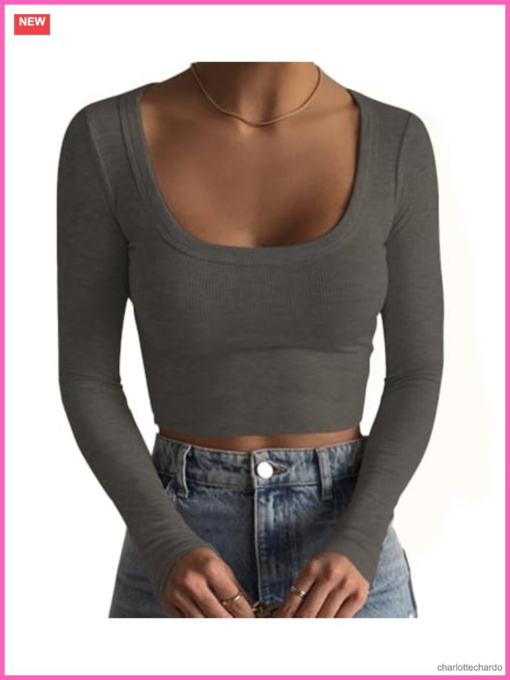 Women's Ribbed Knit Square Neck Long Sleeve Crop Top Slim Fitted Stretchy Basic